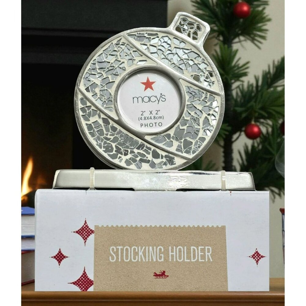 New Macys Christmas Stocking Holder Mosaic Mirror Photo Frame Ornament Hook Gift